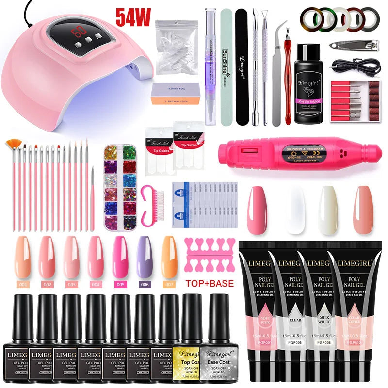 Merit Sell 54W nail lamp gel polish kit with LED lamp, gel polishes, nail drill, brushes, and manicure tools