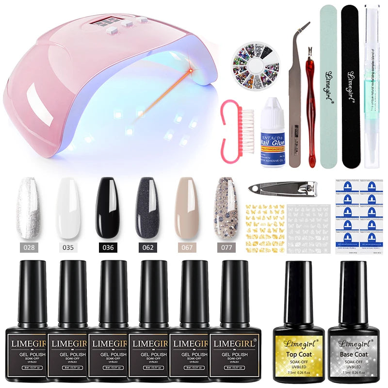 54W nail lamp gel polish kit by Merit Sell with pink UV LED lamp, six gel polish bottles, top and base coat, nail tools, and decorative accessories