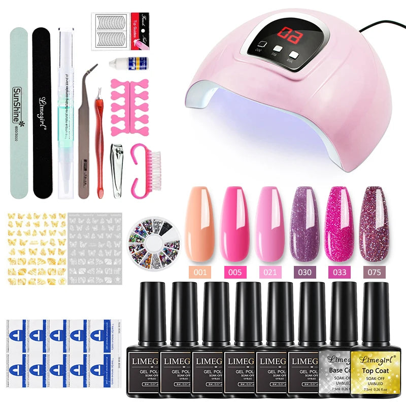 Merit Sell 54W nail lamp gel polish kit with LED lamp, gel polishes, nail tools, and decorative nail stickers