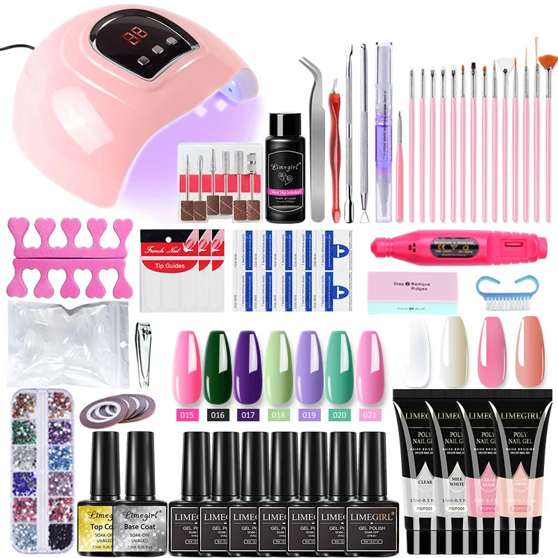 54W nail lamp gel polish kit by Merit Sell including pink UV LED lamp brushes gel polishes and nail tools