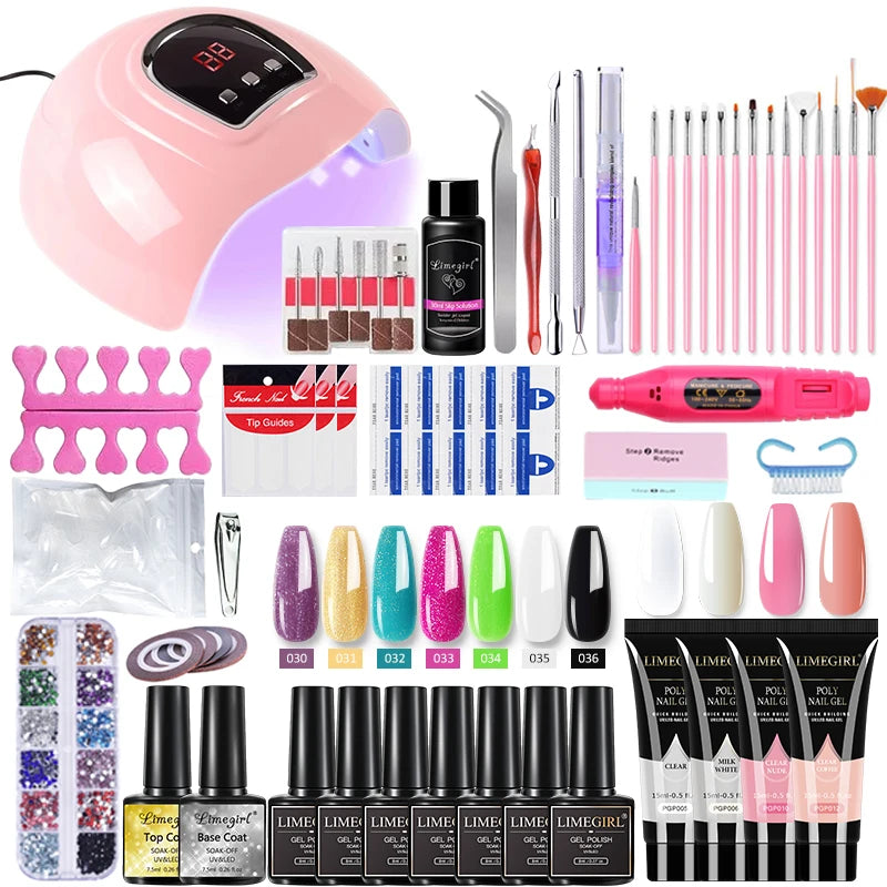 54W nail lamp gel polish kit by Merit Sell with LED nail dryer, gel polishes, nail tools, brushes, and nail art accessories