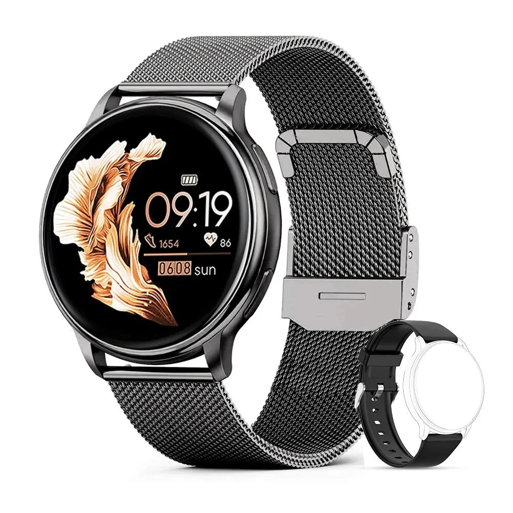 Merit Sell custom dial fitness tracker watch with black mesh band and digital floral display