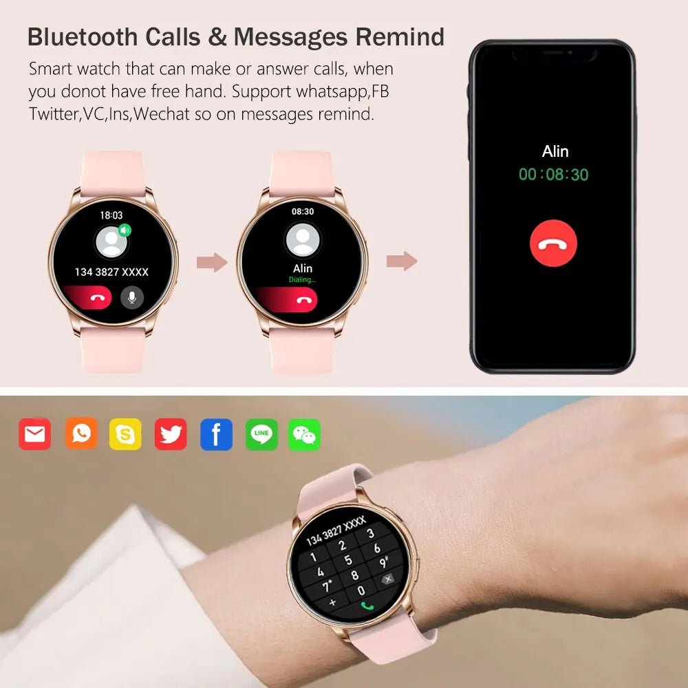 Custom dial fitness tracker watch by Merit Sell showing call and message reminder features on wrist