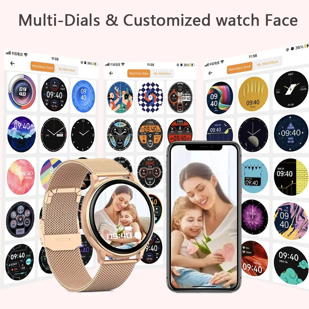 Merit Sell custom dial fitness tracker watch with multiple customizable watch faces and rose gold mesh band