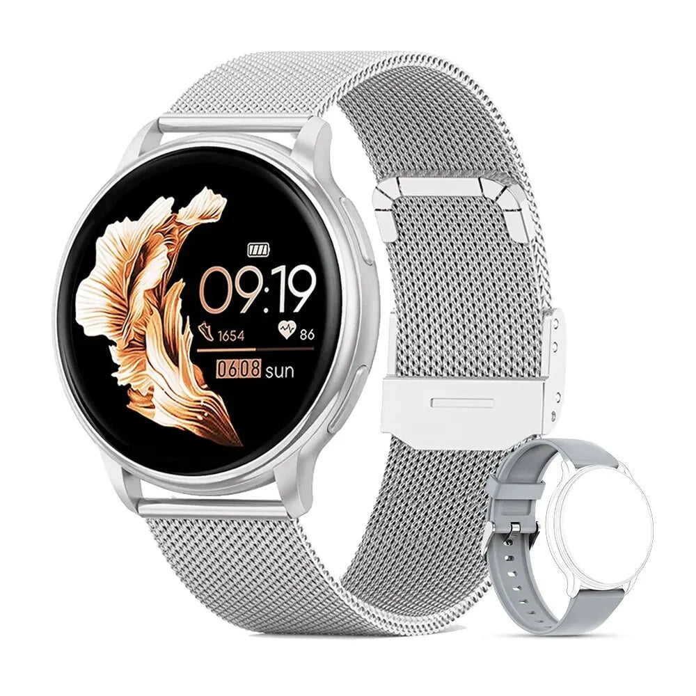 Merit Sell custom dial fitness tracker watch with silver mesh band and digital display