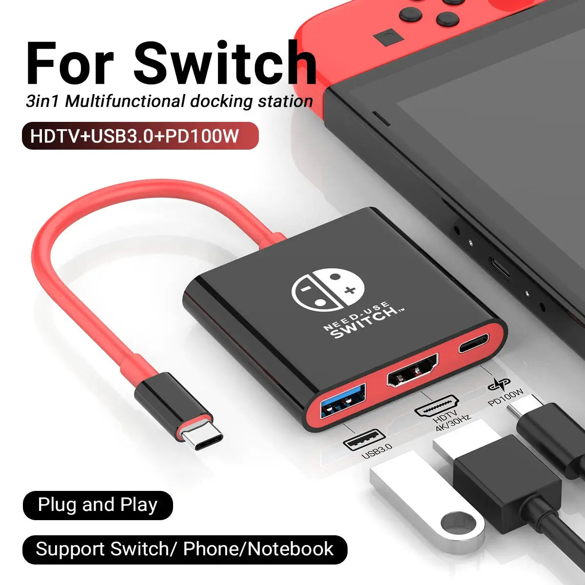 black and red usb to usb-c hub for Switch with multiple ports front angle