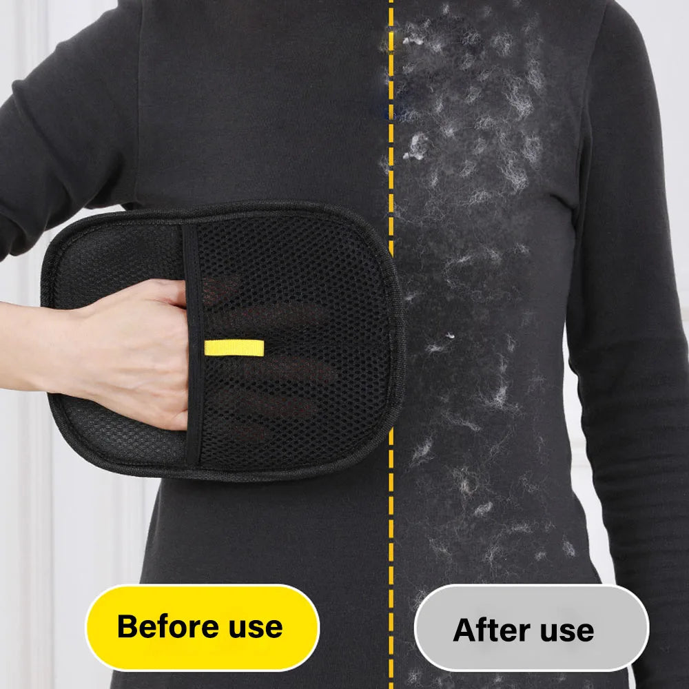 Merit Sell pet hair remover glove showing before and after use on black sweater