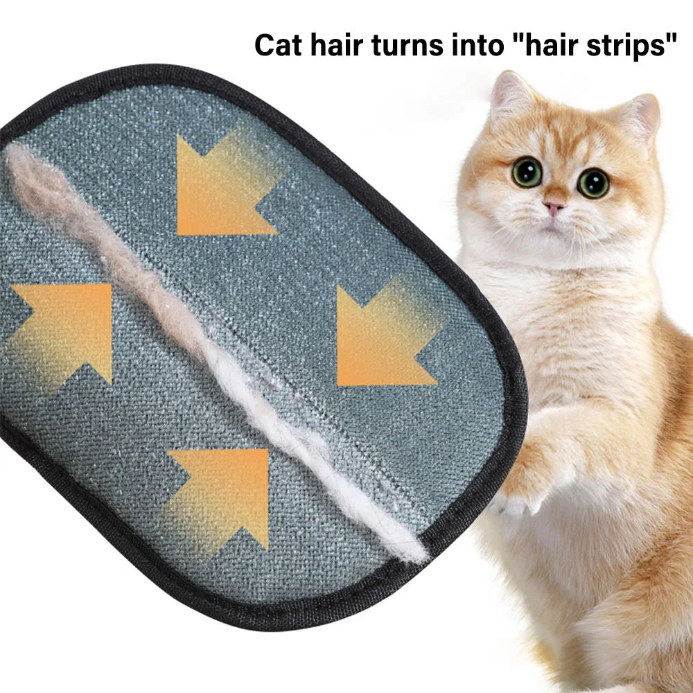 Merit Sell pet hair remover glove showing how cat hair collects into strips for easy cleaning