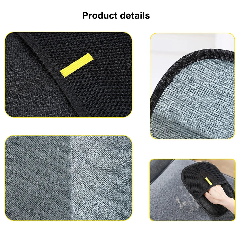 Merit Sell black and gray pet hair remover glove showing fabric texture and pet hair removal in action