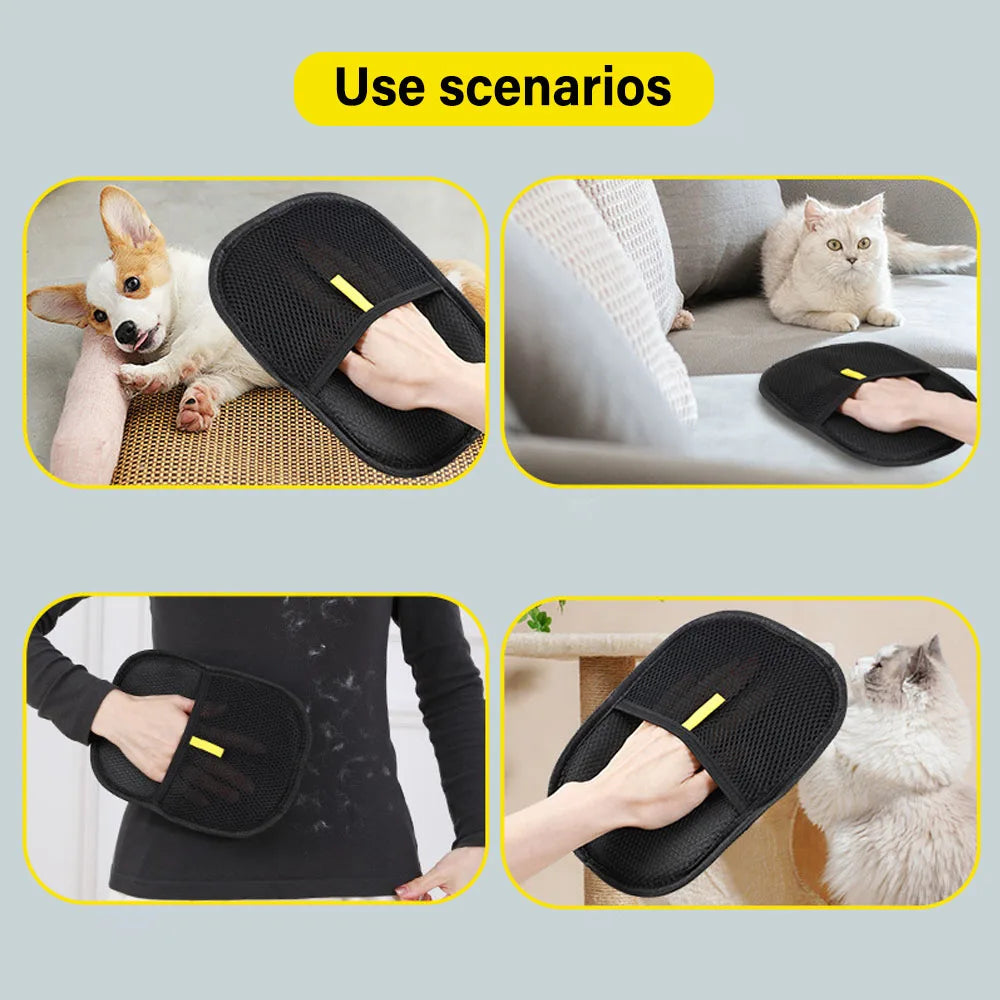 Merit Sell black pet hair remover glove used to remove pet hair from dog, cat, clothes, and furniture