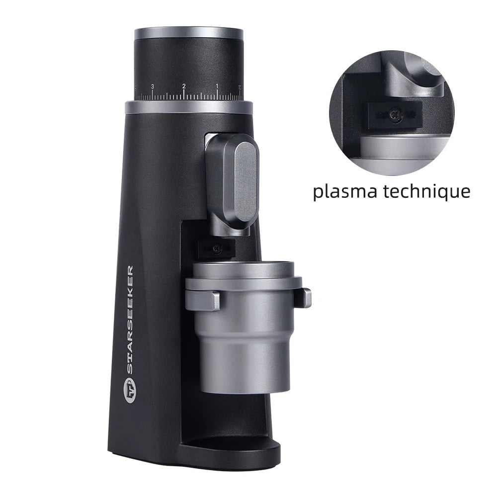 Merit Sell electric coffee grinder with titanium burrs in black featuring plasma technique and adjustable grind settings