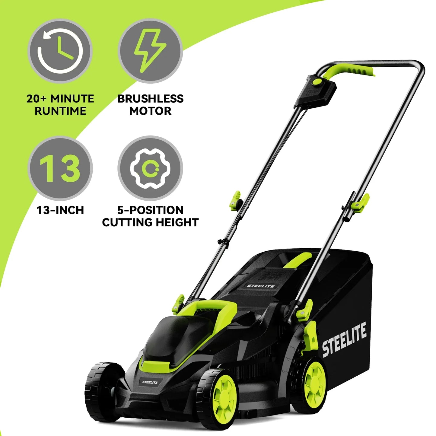 Merit Sell cordless electric lawn mower with 13-inch blade, brushless motor, and 5-position cutting height