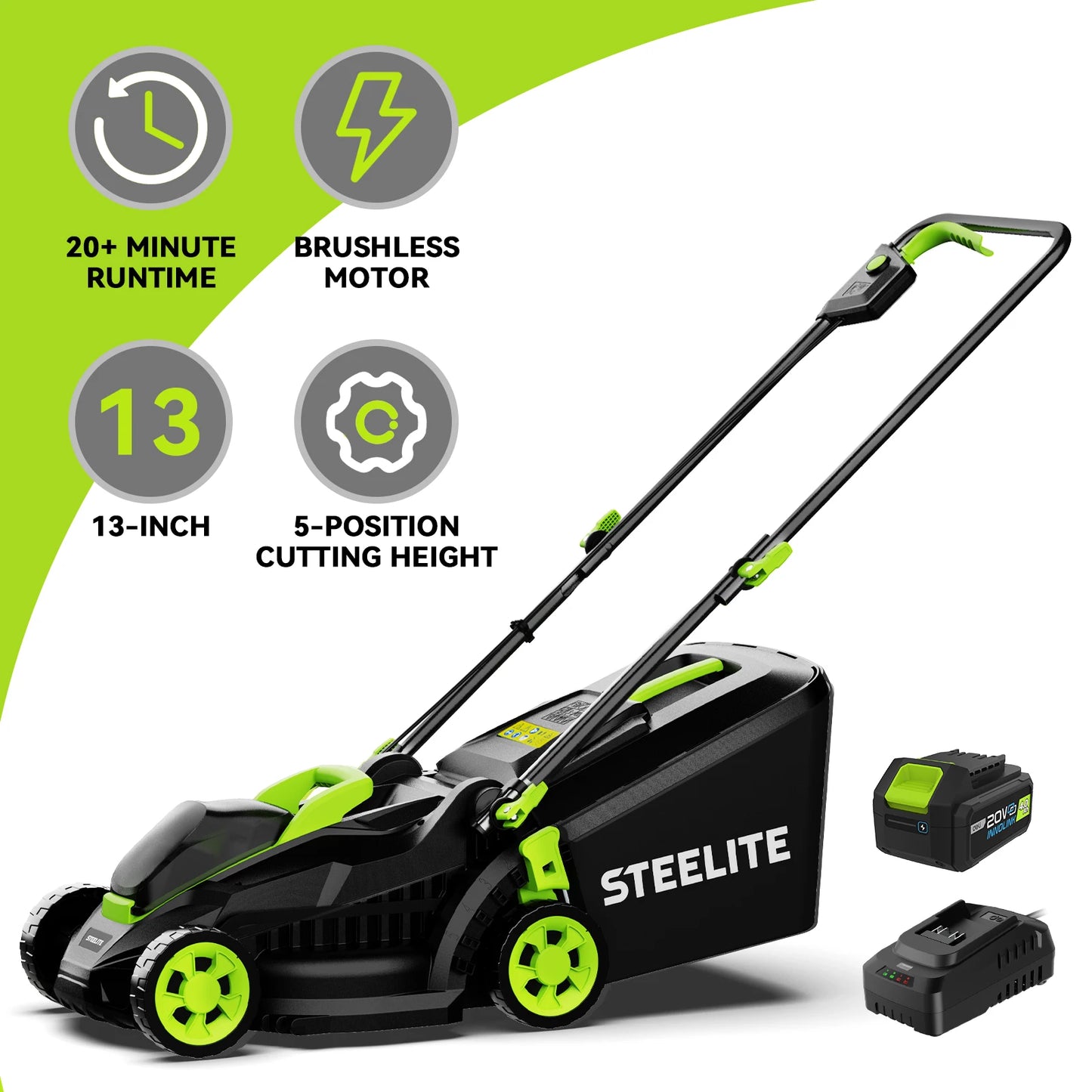 Steelite cordless electric lawn mower with 13-inch blade, brushless motor, 20 plus minute runtime, and 5-position cutting height