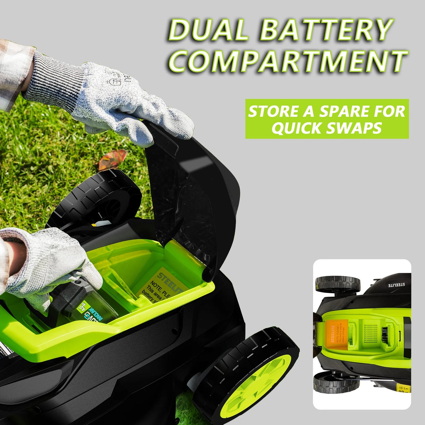 Merit Sell cordless electric lawn mower showing dual battery compartment for quick battery swaps