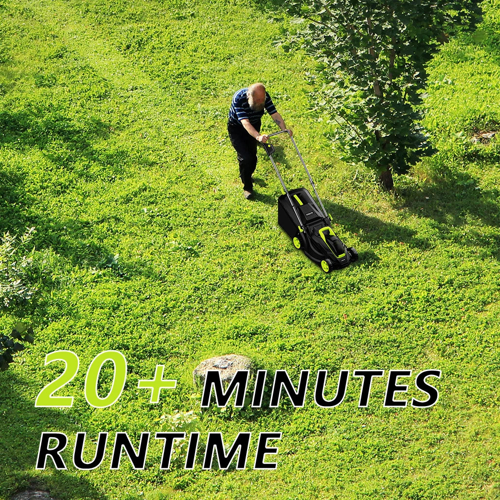 Man using a cordless electric lawn mower on green grass showcasing over 20 minutes runtime