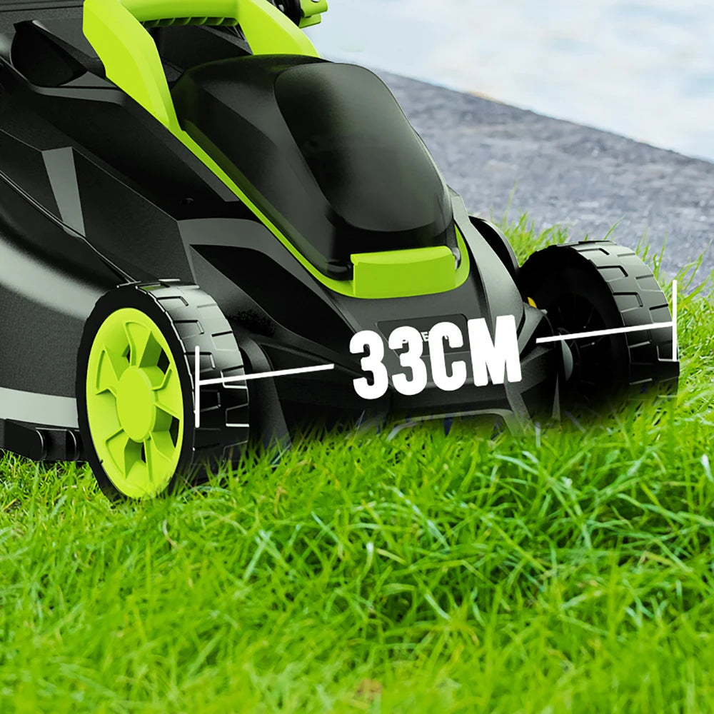 Merit Sell cordless electric lawn mower with 33cm cutting width on green grass