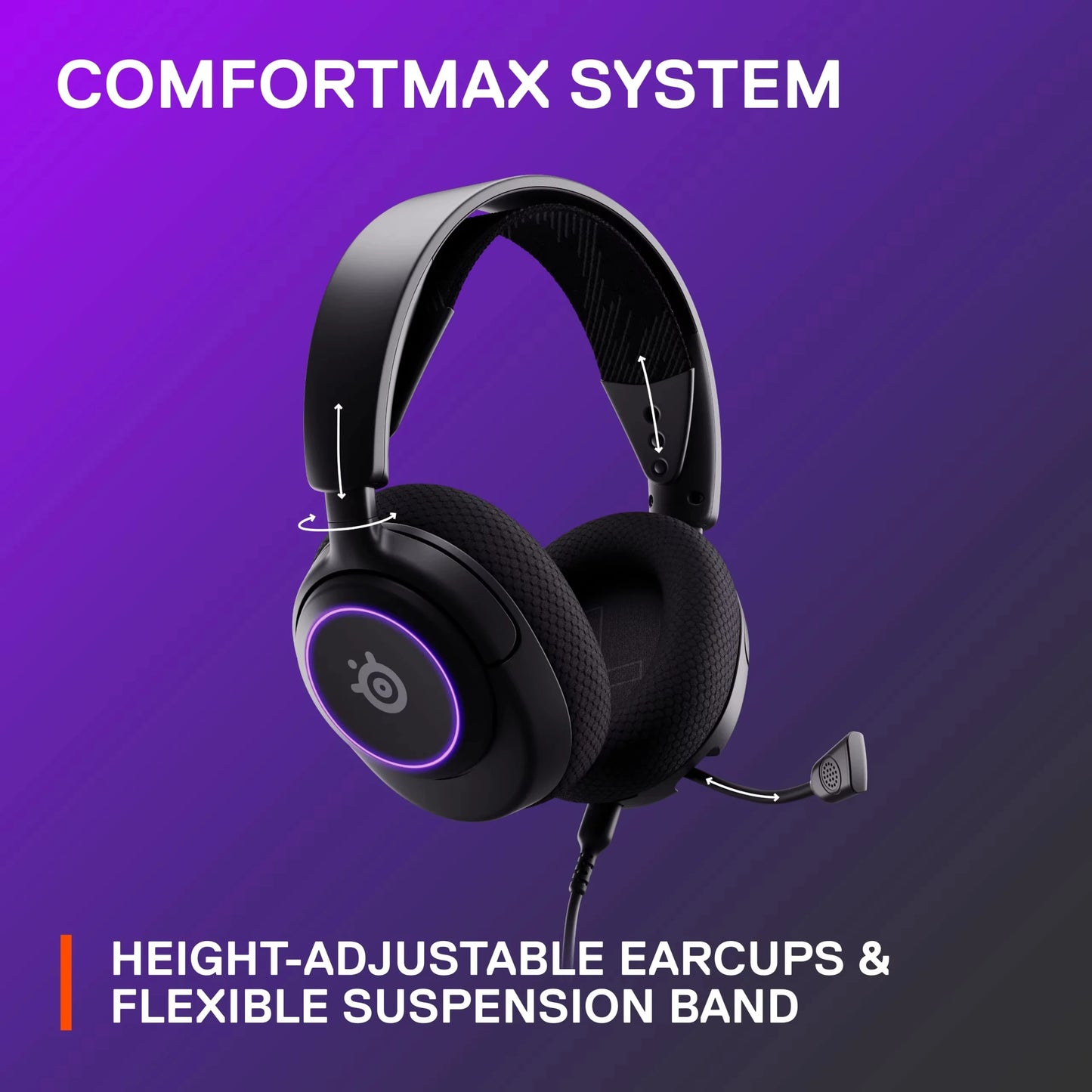 Merit Sell RGB wired headset with spatial surround sound featuring height-adjustable earcups and flexible suspension band