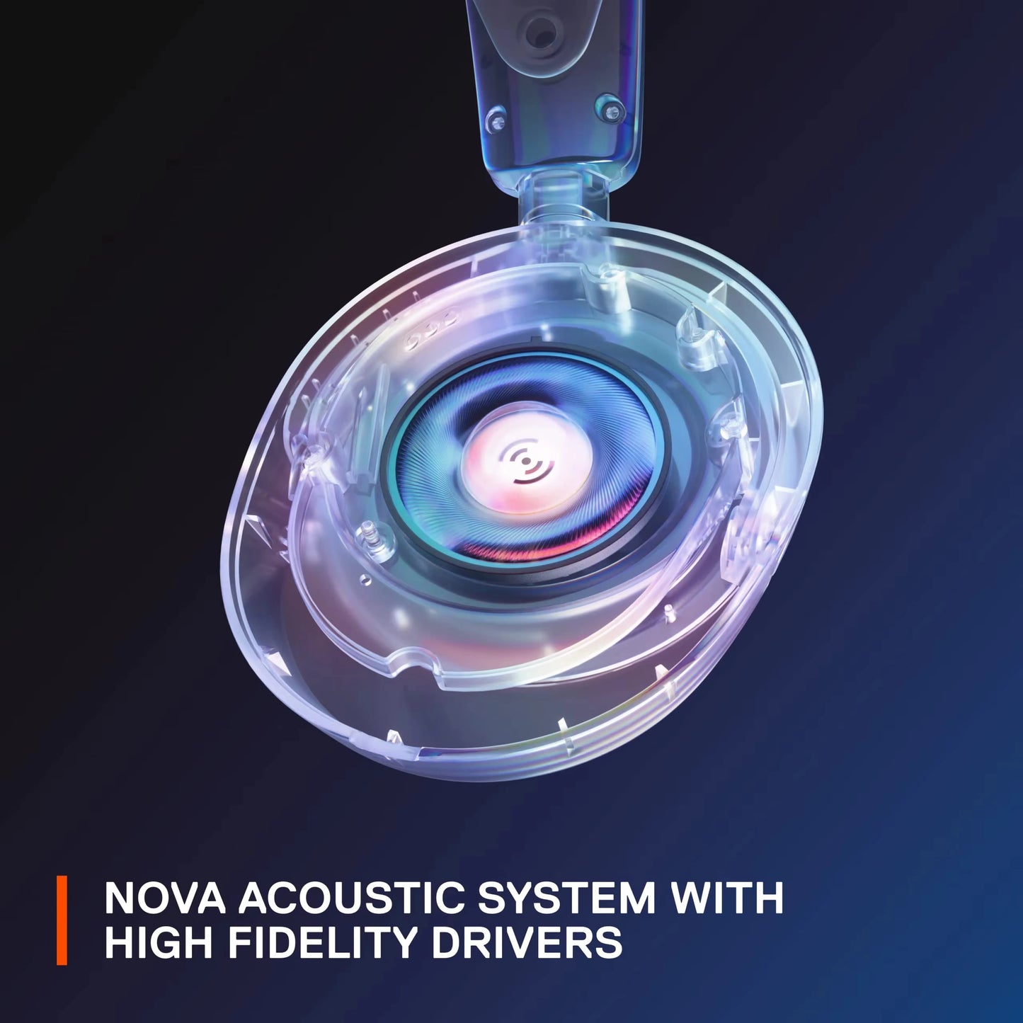 Close-up of RGB wired headset with spatial surround sound showing Nova acoustic system with high fidelity drivers