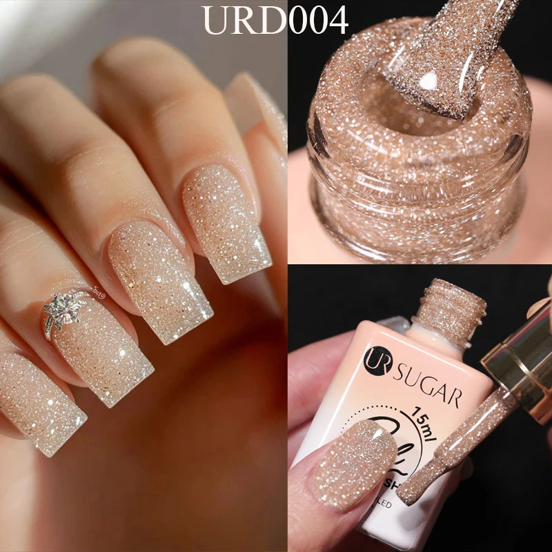 Reflective UV gel nail polish soak off in glittery nude shade by Merit Sell on manicured nails