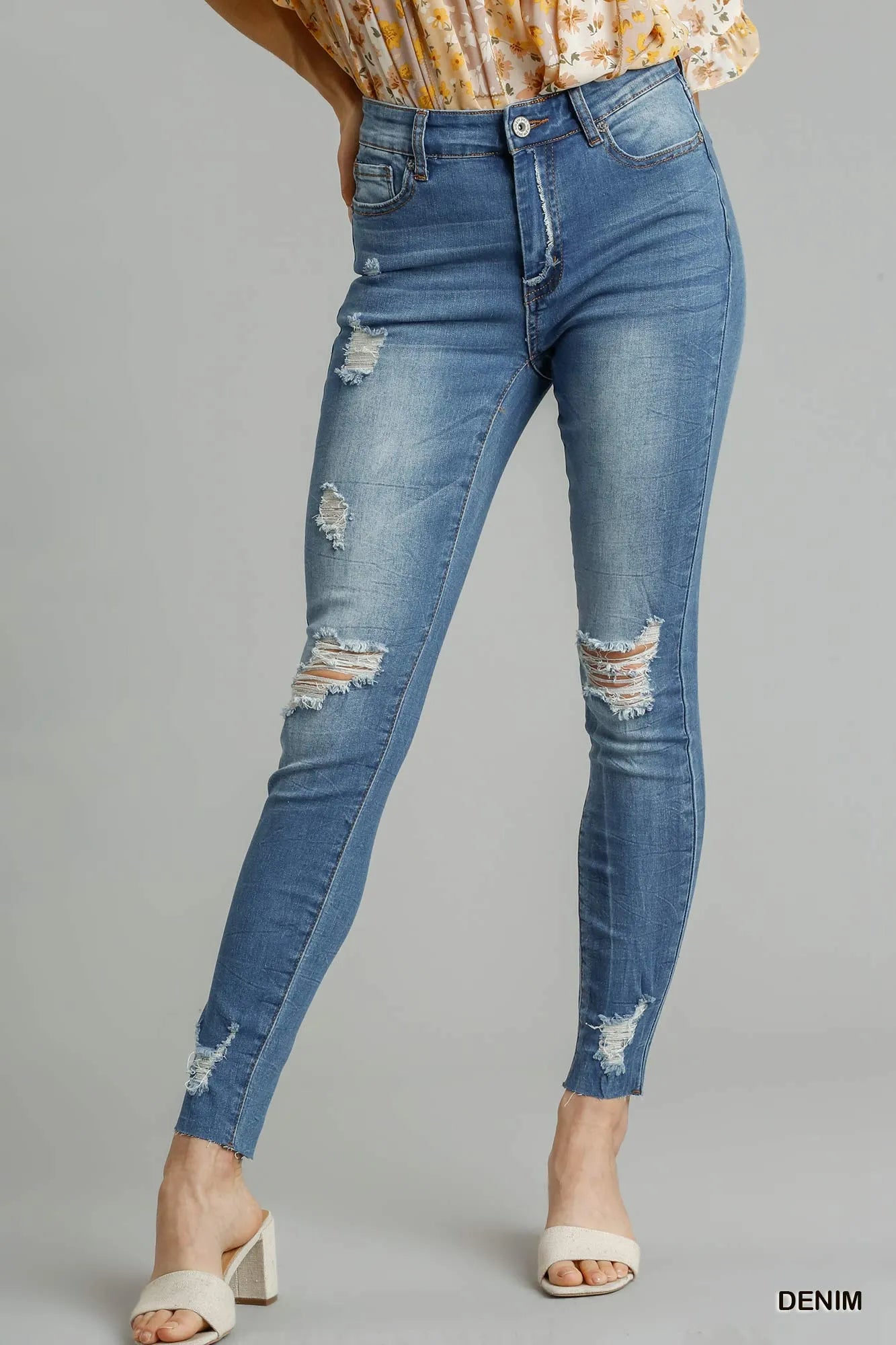 Trendsi Distressed Skinny Jeans with Raw Hem Denim - Merit Sell