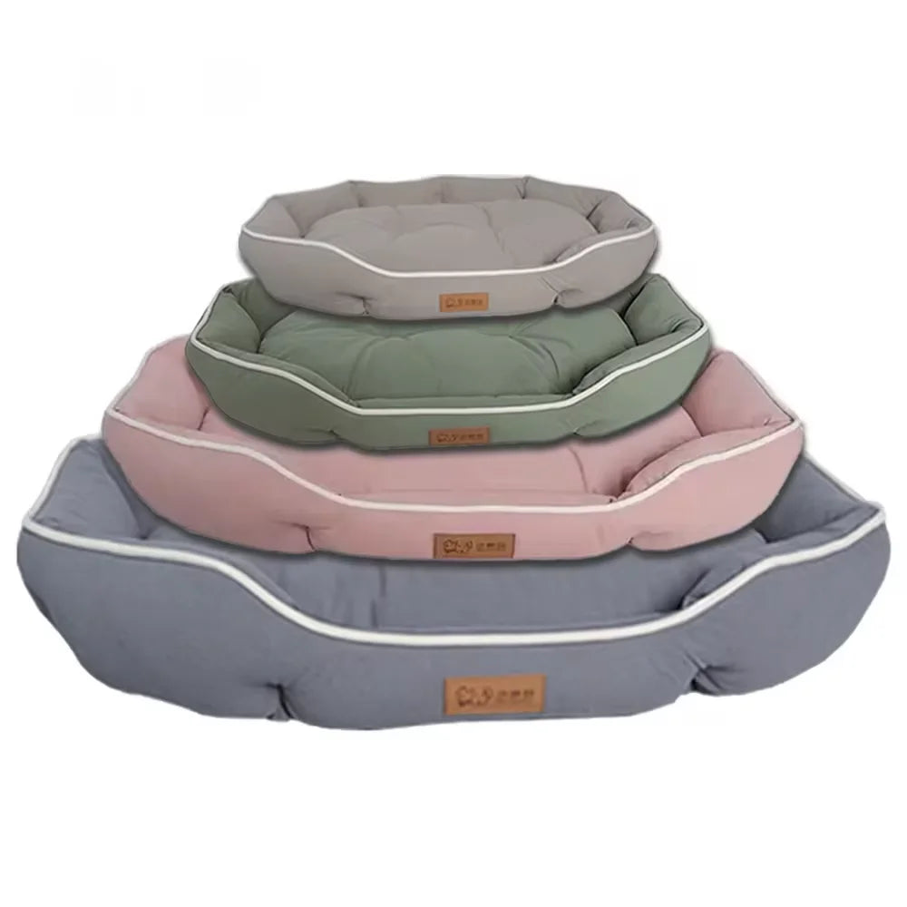 Merit Sell warm pet sofa for big dogs in stacked sizes with soft cushioned sides in gray, pink, green, and beige