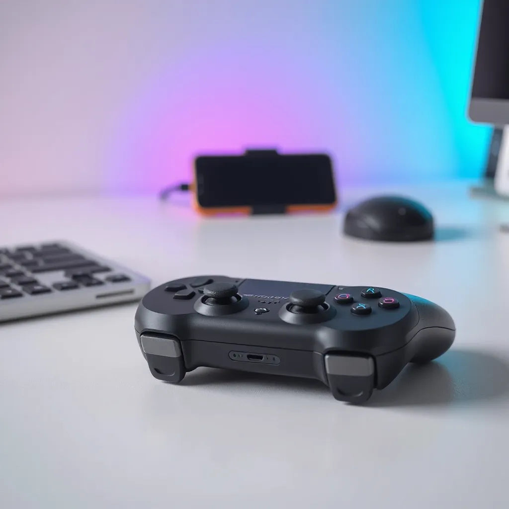 Wireless gaming controller on a desk with a phone or console blurred in the background