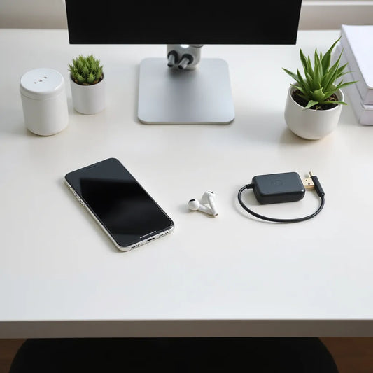 Smartphone with charging cable and earphones on a tidy desk, showing essential accessories for saving money