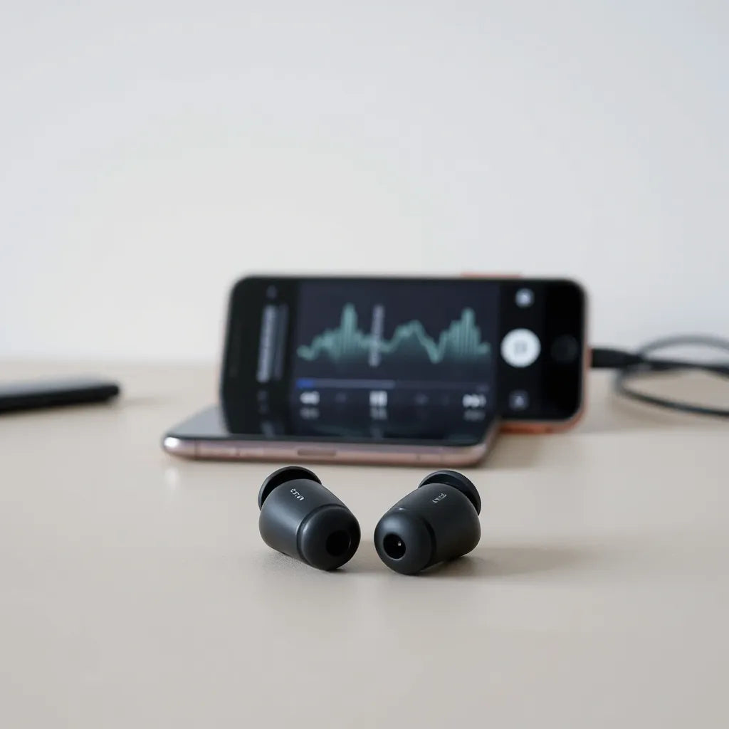 Wireless earbuds on a neutral background with a smartphone blurred behind for music listening