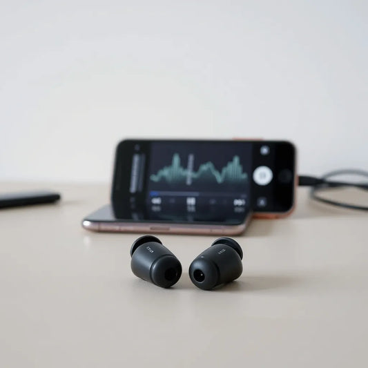 Wireless earbuds on a neutral background with a smartphone blurred behind for music listening