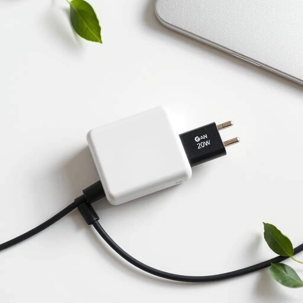 Compact 20W GaN USB-C wall charger with a USB-C cable on a clean light background