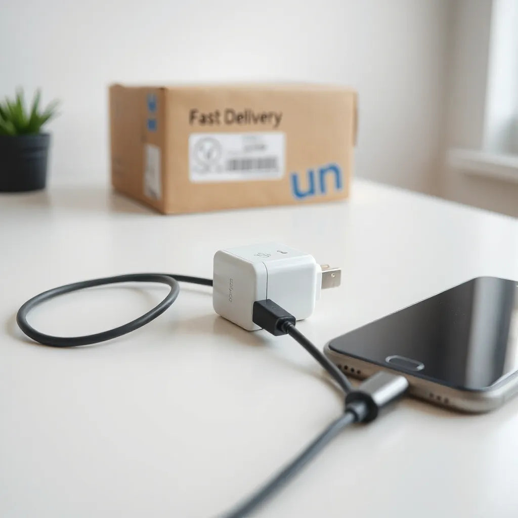 USB-C charger and cable beside a smartphone on a clean desk, with a delivery box blurred in the background.