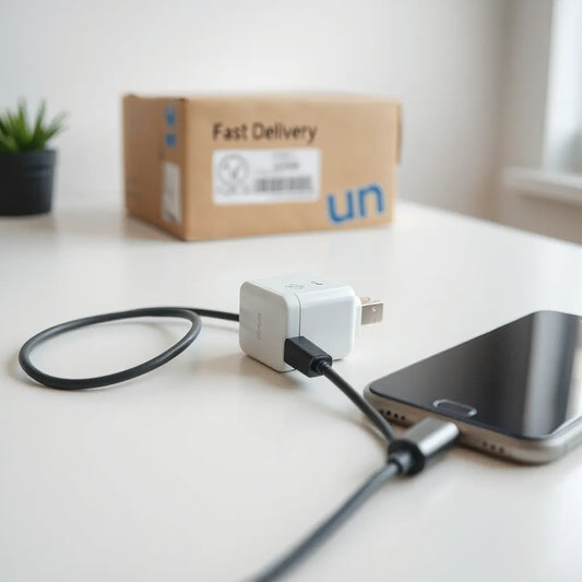 USB-C charger and cable beside a smartphone on a clean desk, with a delivery box blurred in the background.