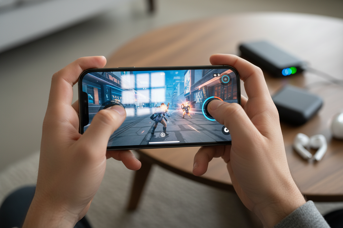 Hands playing an action video game on a smartphone, highlighting immersive mobile gaming experience