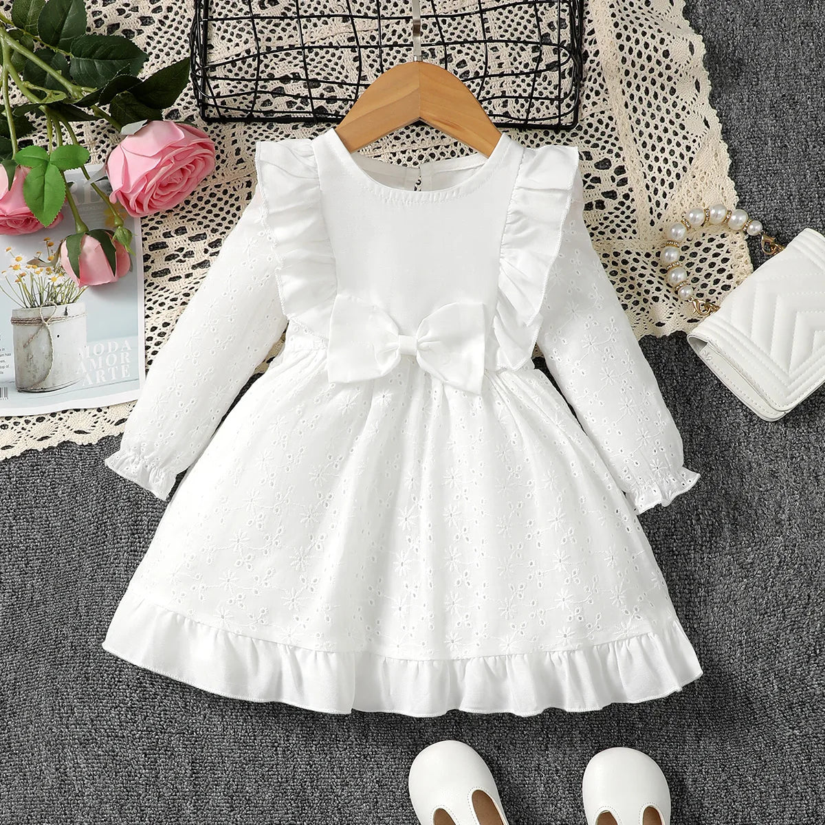0-3 Year old Baby girl Dress Solid Color Bow Ruffle Princess Dress Suitable for Toddlers Baby girl Spring autumn Dress - Merit Sell