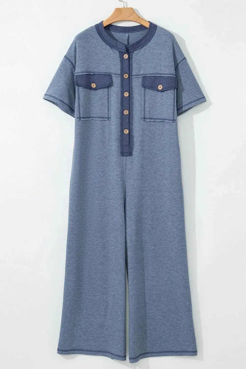 Placket Chest Pockets Short Sleeve Wide Leg Jumpsuit - Merit Sell