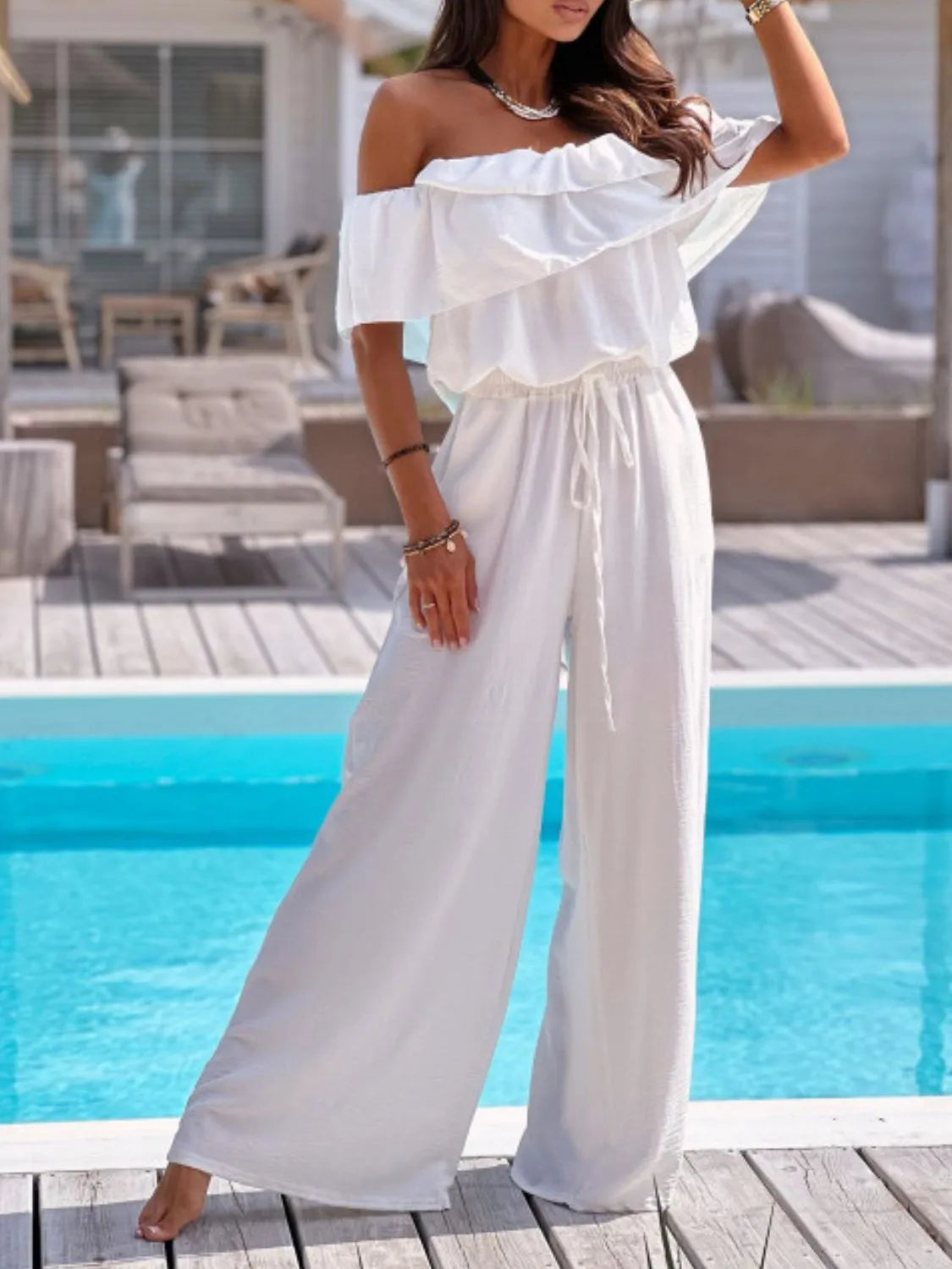 Off-Shoulder Ruffled Wide Leg Jumpsuit - Merit Sell
