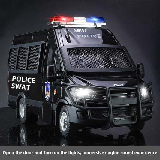 1:24 Scale IVECO Police Alloy Car Diecast Metal Model Sound & Light Pull Back Toy Interior Ornaments Children Toy Gifts Doiplay - Merit Sell