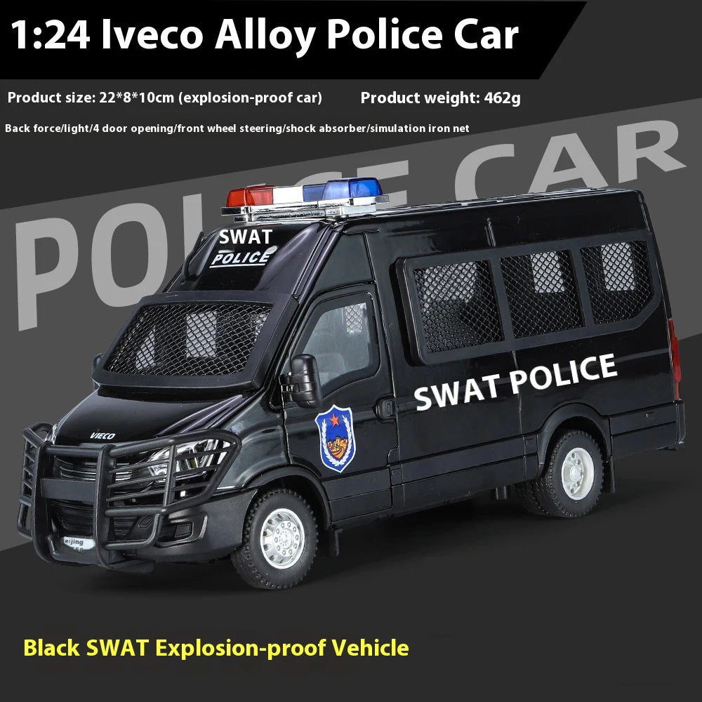 1:24 Scale IVECO Police Alloy Car Diecast Metal Model Sound & Light Pull Back Toy Interior Ornaments Children Toy Gifts Doiplay - Merit Sell
