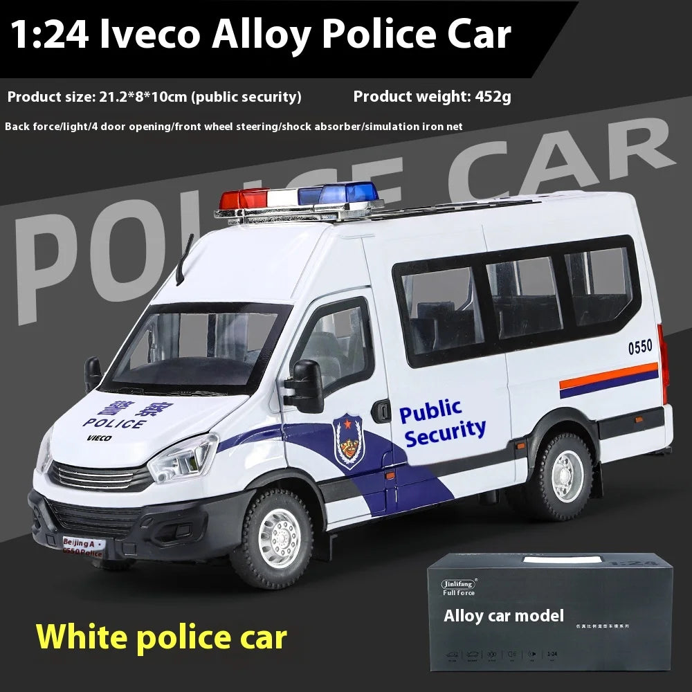 1:24 Scale IVECO Police Alloy Car Diecast Metal Model Sound & Light Pull Back Toy Interior Ornaments Children Toy Gifts Doiplay - Merit Sell