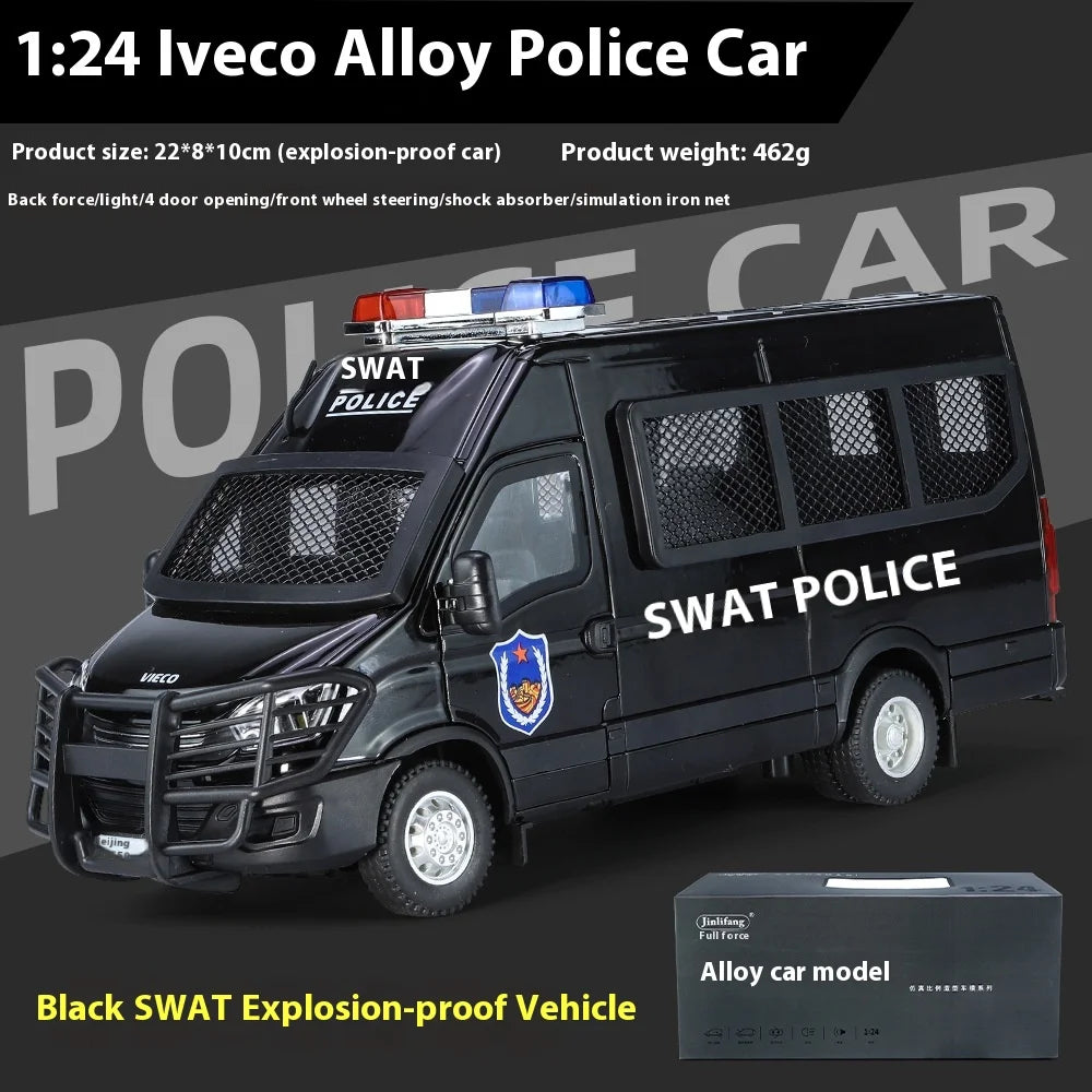 1:24 Scale IVECO Police Alloy Car Diecast Metal Model Sound & Light Pull Back Toy Interior Ornaments Children Toy Gifts Doiplay - Merit Sell