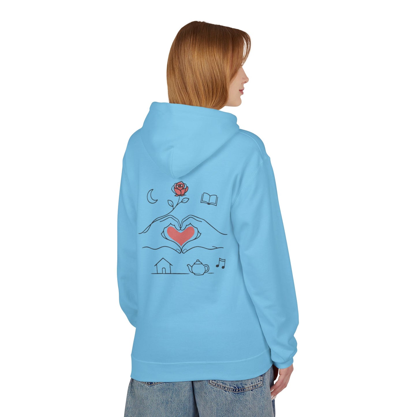 Cozy Heart & Rose Hoodie — Comfort, Home, Tea, Books Design