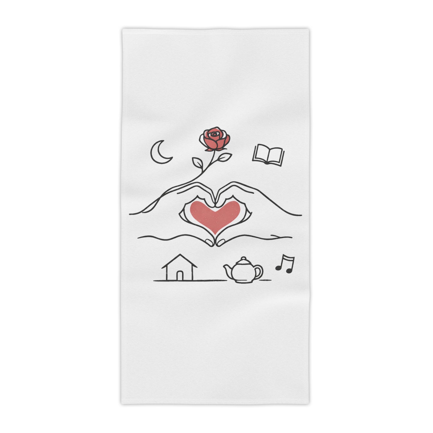 Beach Towel — Heart Hands Rose Design (Moon, Book, Tea, Home Icons)