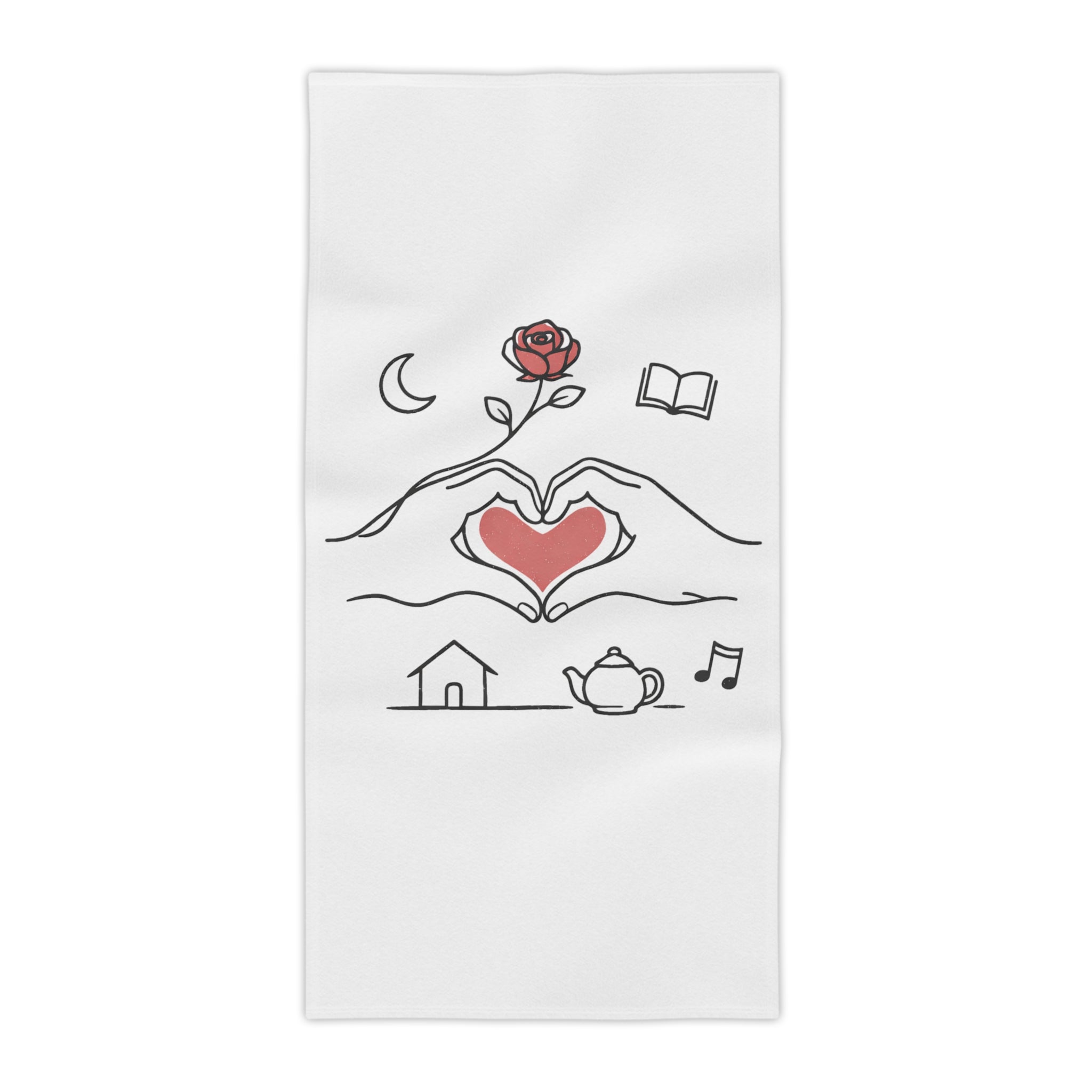 Beach Towel — Heart Hands Rose Design (Moon, Book, Tea, Home Icons)
