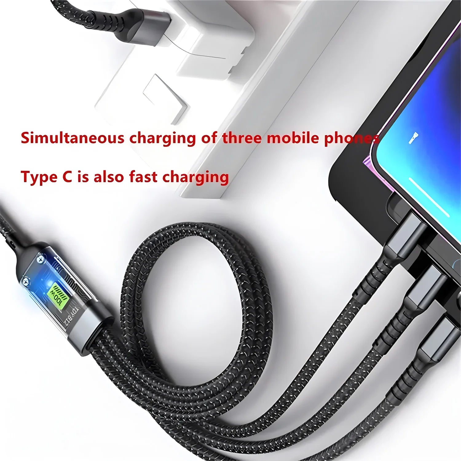 100W Fast Charging Cable Multi Charger Cable Nylon Braided Multiple USB Universal 3 in 1 Charging Cord Adapter with Type-C Micro - Merit Sell