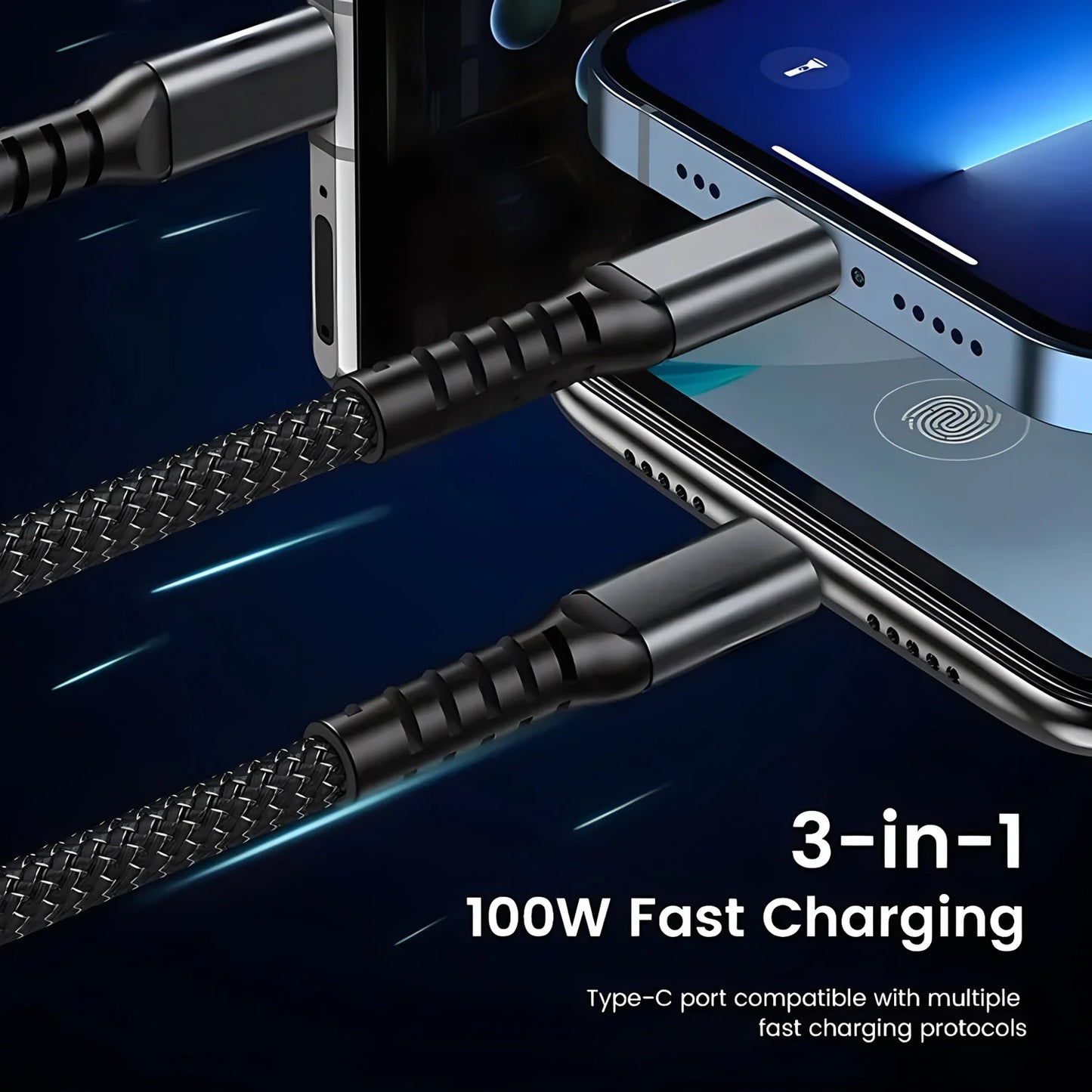 100W Fast Charging Cable Multi Charger Cable Nylon Braided Multiple USB Universal 3 in 1 Charging Cord Adapter with Type-C Micro - Merit Sell