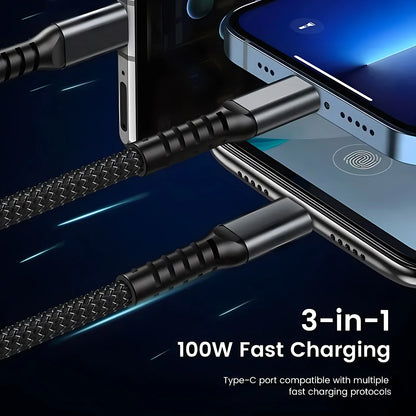 100W Fast Charging Cable Multi Charger Cable Nylon Braided Multiple USB Universal 3 in 1 Charging Cord Adapter with Type-C Micro - Merit Sell
