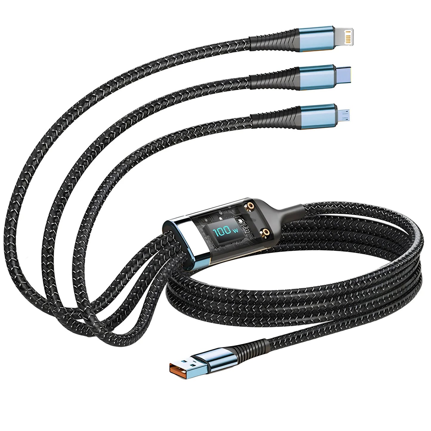 100W Fast Charging Cable Multi Charger Cable Nylon Braided Multiple USB Universal 3 in 1 Charging Cord Adapter with Type-C Micro - Merit Sell
