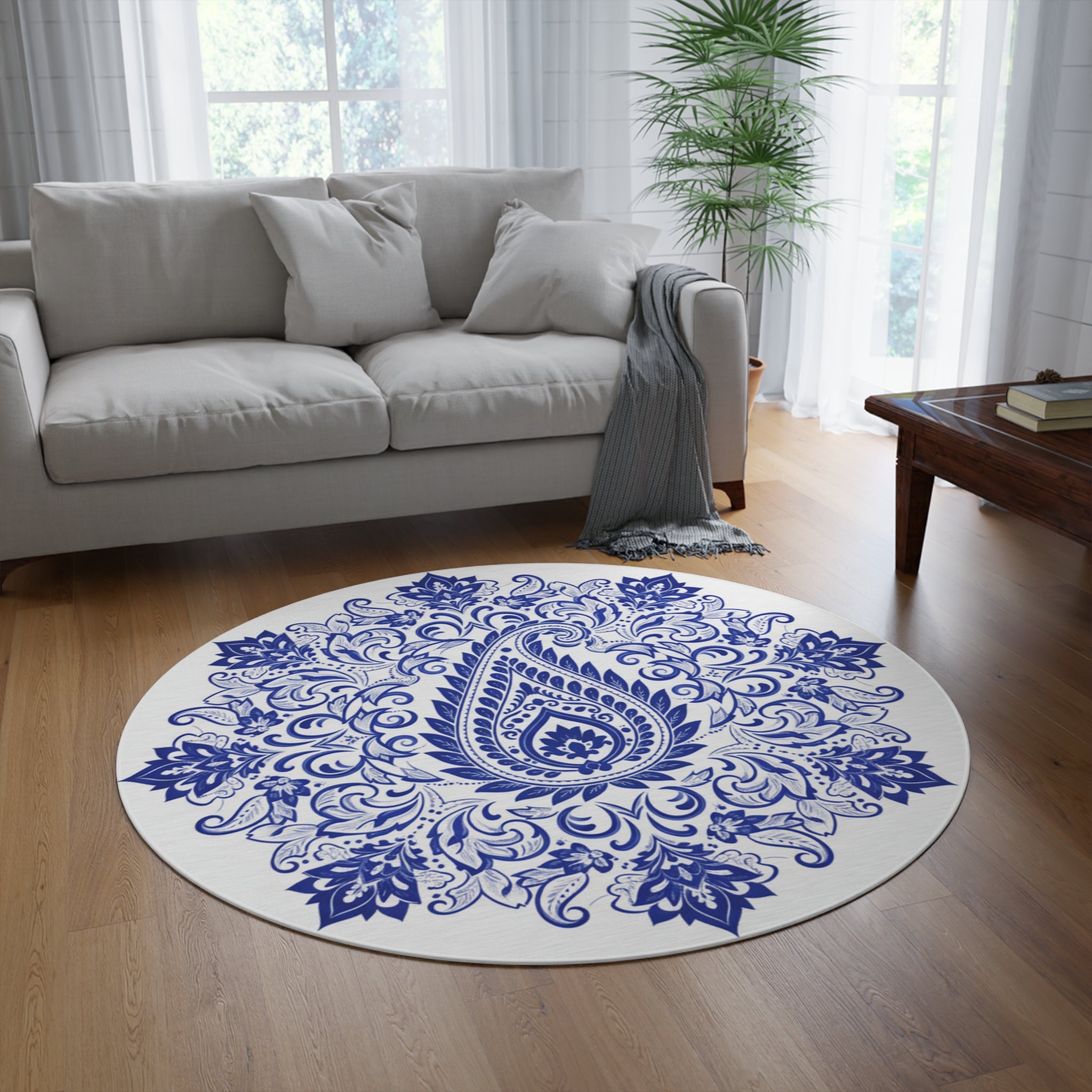 Bohemian Blue Paisley Round Rug — Decorative Floor Mat for Living Rooms & Entryways