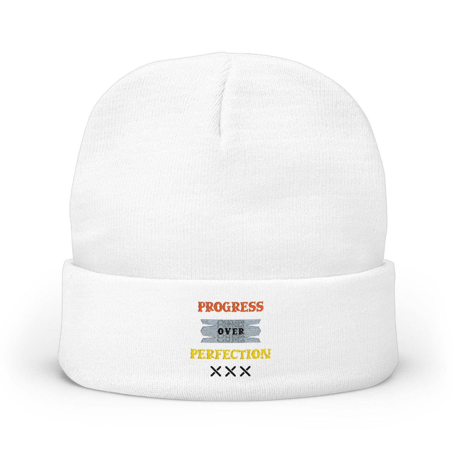 Embroidered Knit Beanie — 'Progress Over Perfection' Cozy Winter Hat