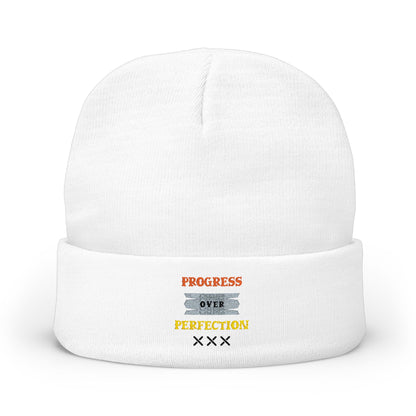 Embroidered Knit Beanie — 'Progress Over Perfection' Cozy Winter Hat